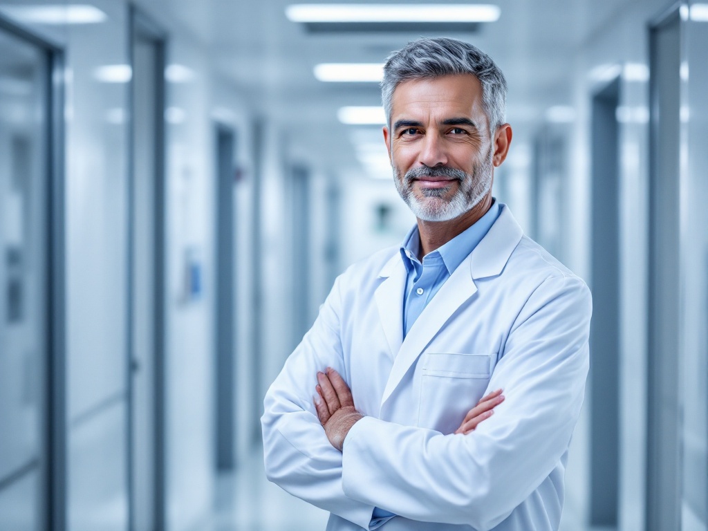 A dermatologic surgeon in a white coat standing in a bright modern accredited clinic corridor