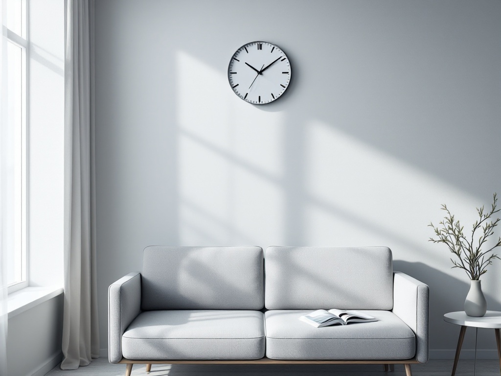 A wall clock above a calm dermatology clinic waiting area with clean seating and soft daylight