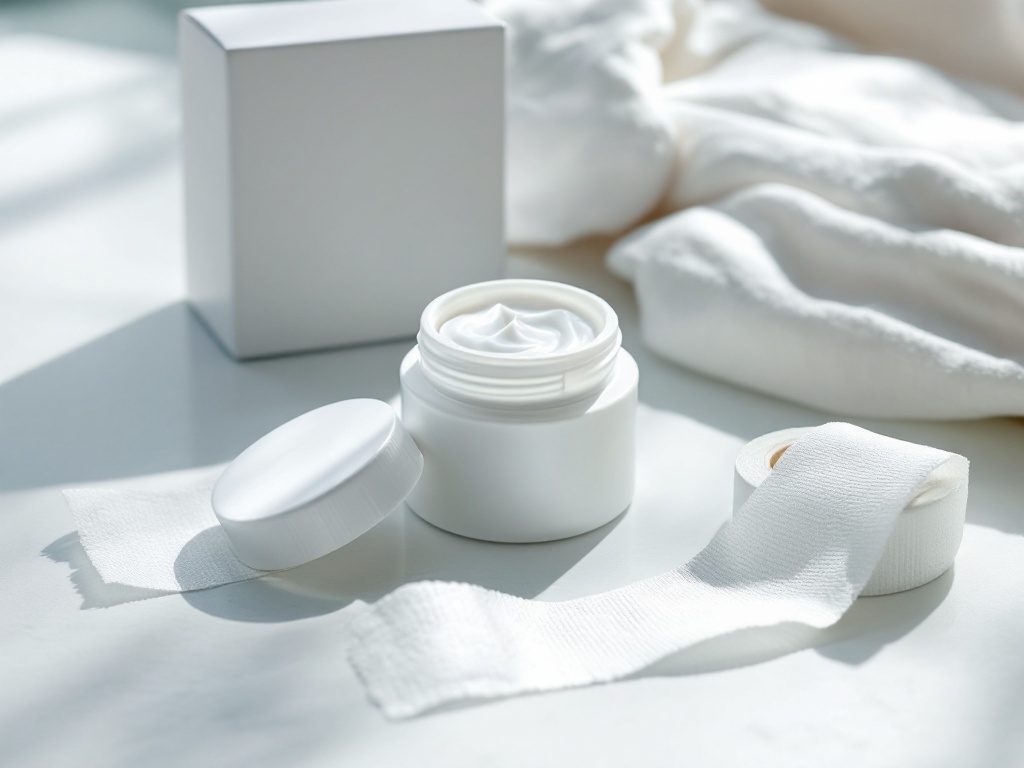 Wound-care supplies arranged on a clean surface: petrolatum ointment, sterile gauze, and surgical tape
