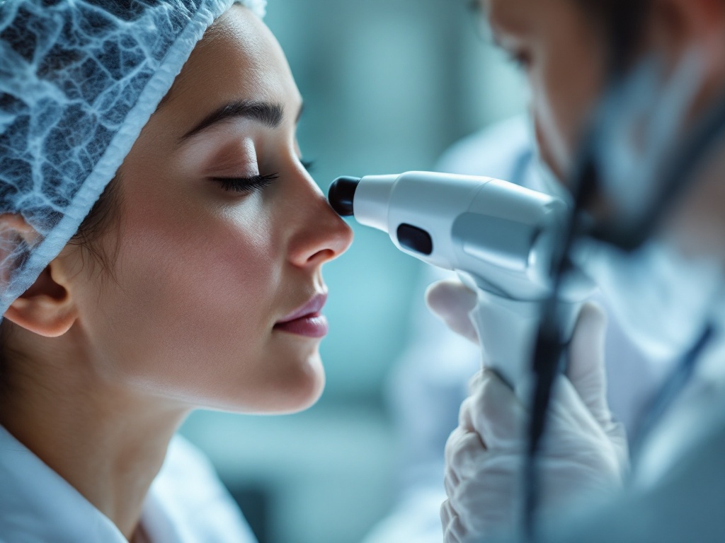 A dermatologist gently examining the central face near the nose of a calm patient with a handheld dermatoscope in a bright clinic