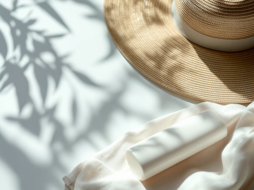 Broad-spectrum sunscreen, a wide-brim hat, and UV-protective clothing arranged in soft light