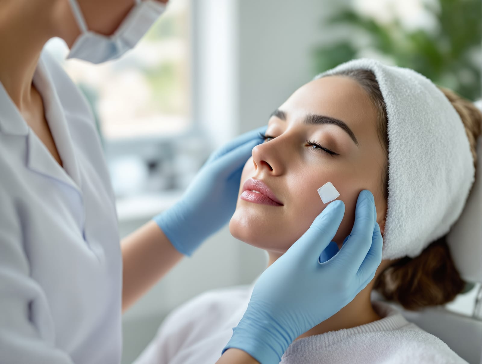 A dermatology nurse in gloves gently checking a healing dressing on a calm seated patient's cheek in a bright clinic exam room