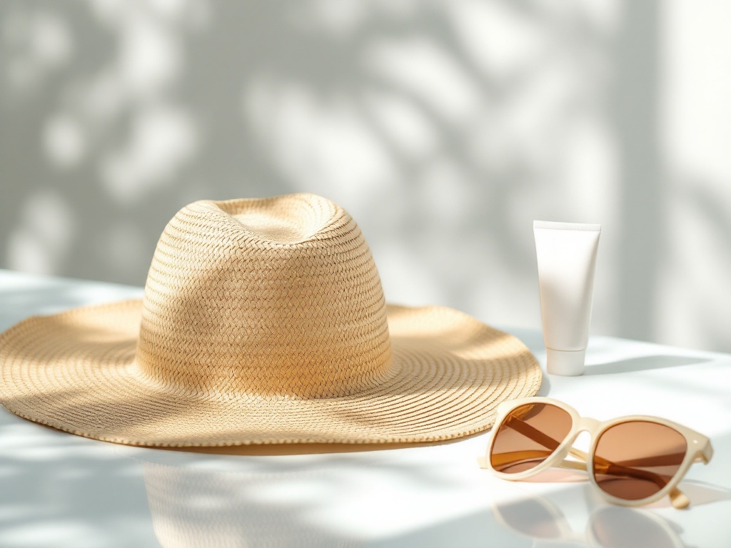 Broad-spectrum sunscreen, a wide-brim hat, and sunglasses arranged on a clean bright surface in warm natural light