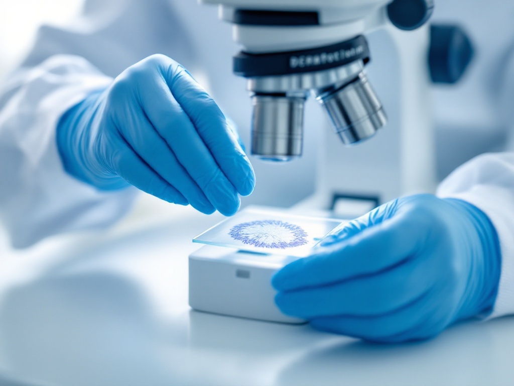A surgeon's gloved hands examining a tissue specimen on a slide under a laboratory microscope