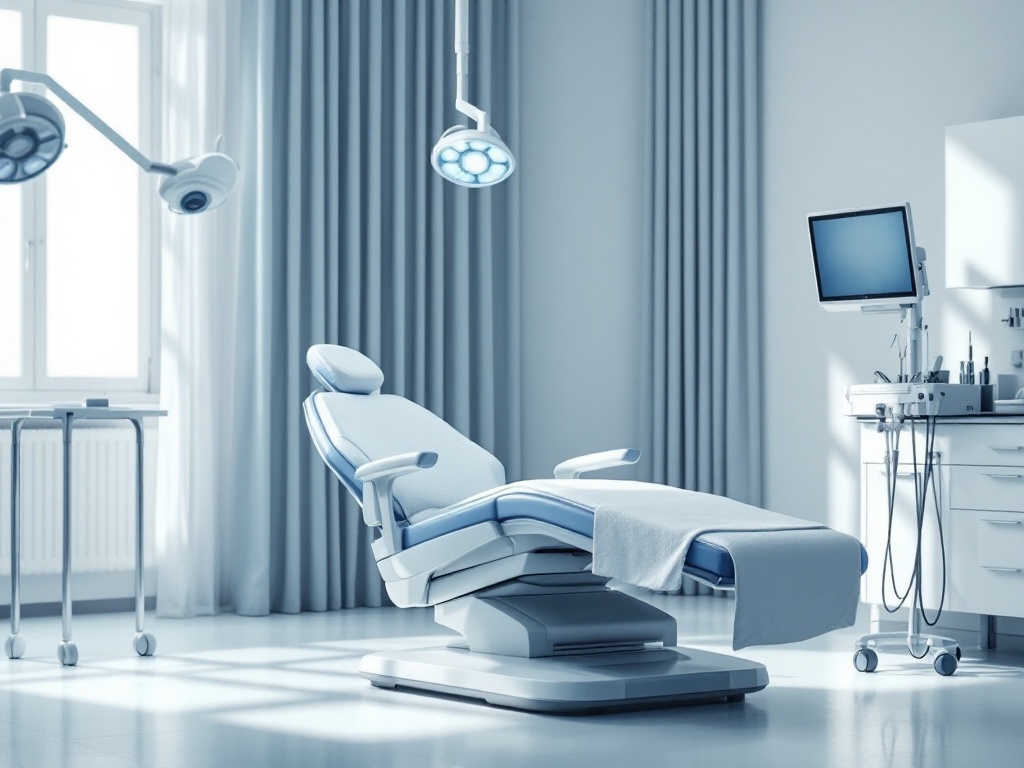 A calm modern dermatology procedure room with an exam chair and a clean instrument tray
